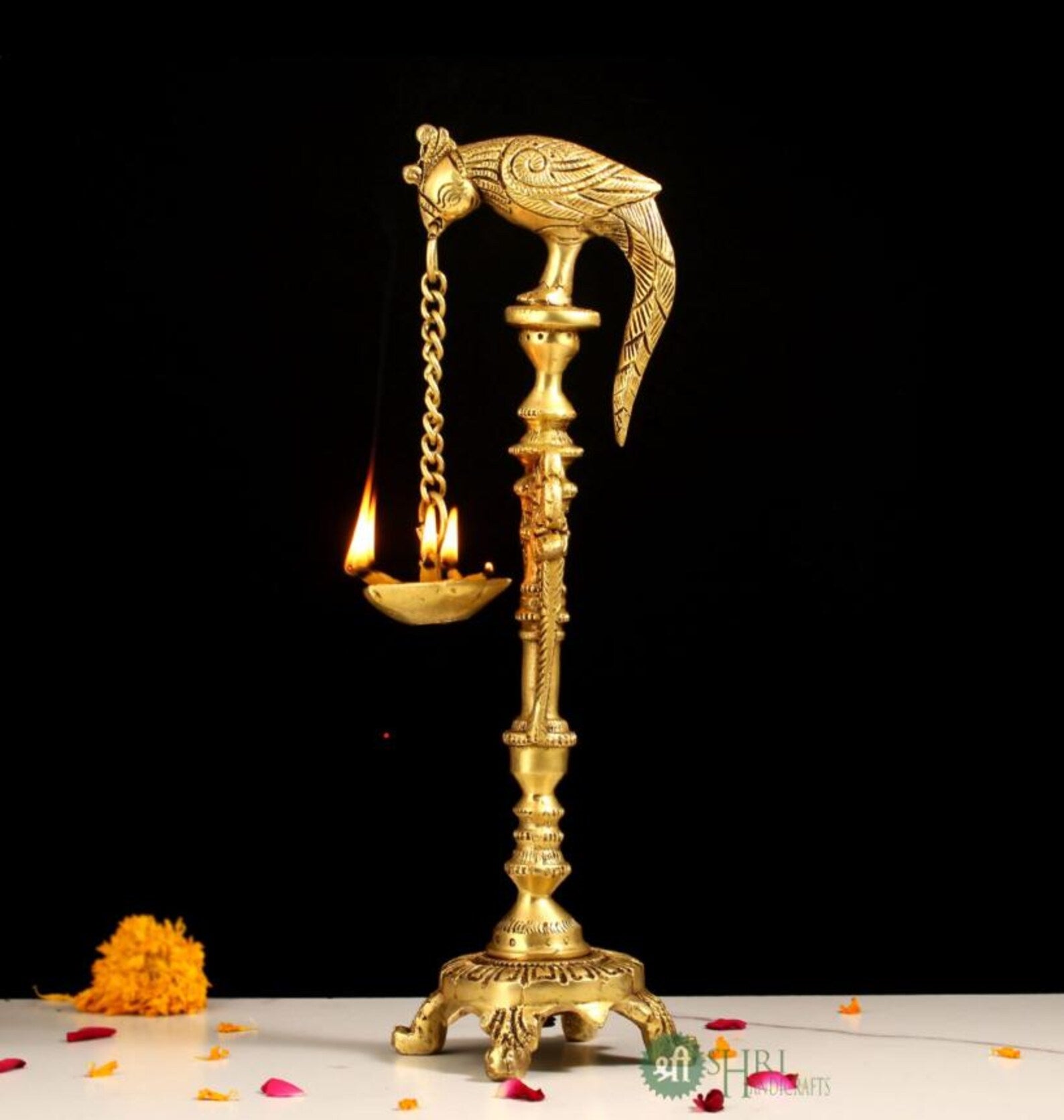 12 Inch Handcrafted Standing Brass Oil Lamp for Home & Temple