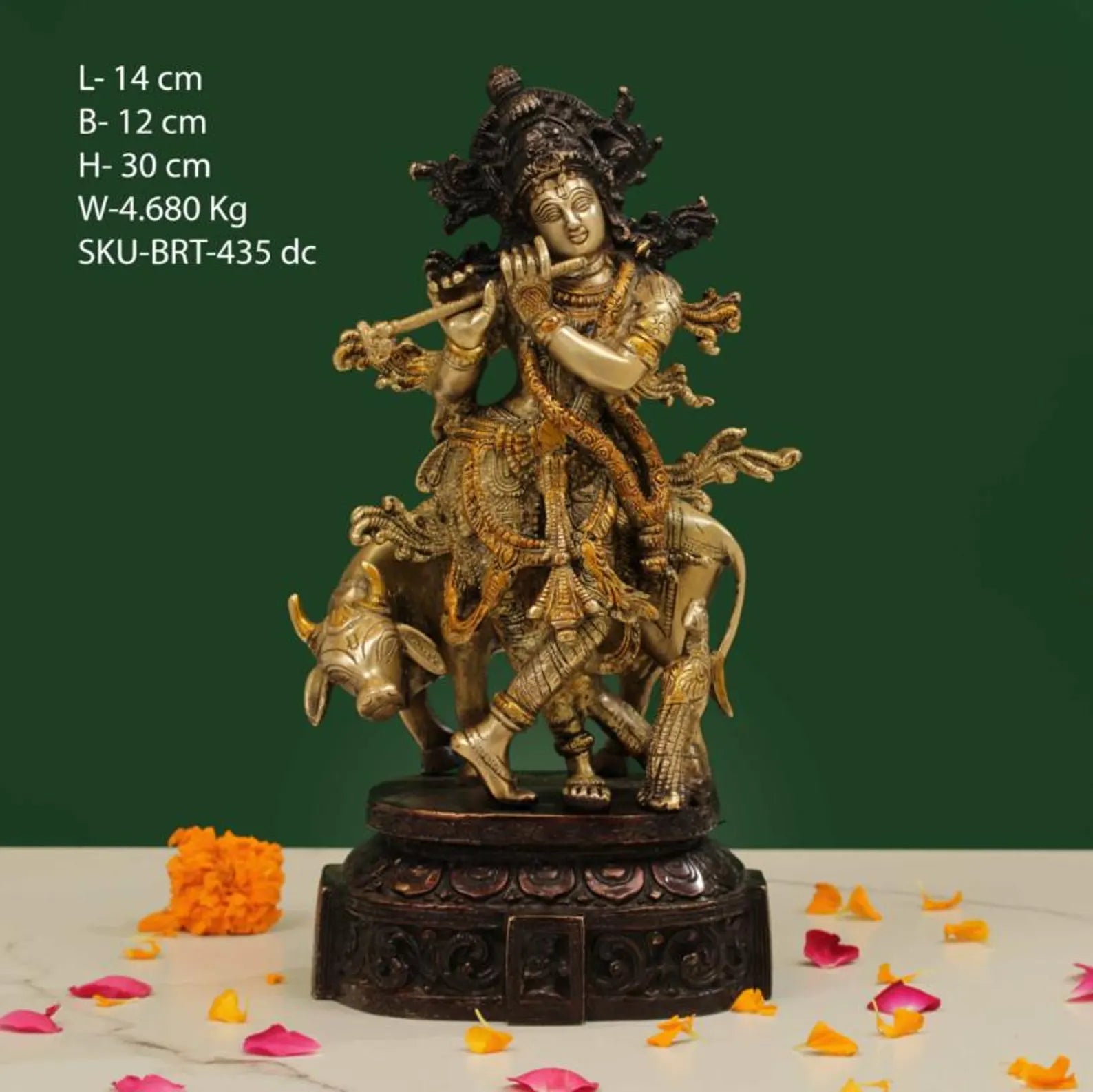 12 Inch Handcrafted Brass Krishna with Cow Idol