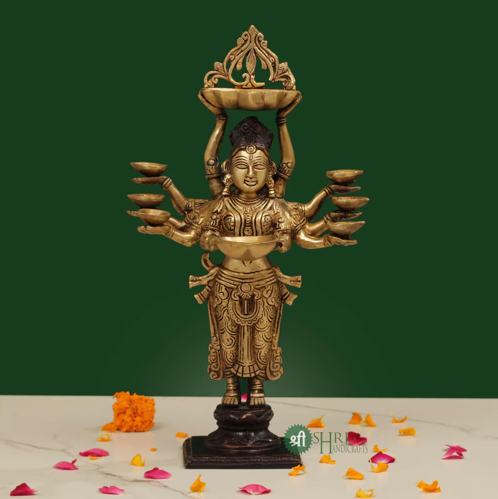 27 Inch Brass Dual-Tone Lady with Multiple Diyas