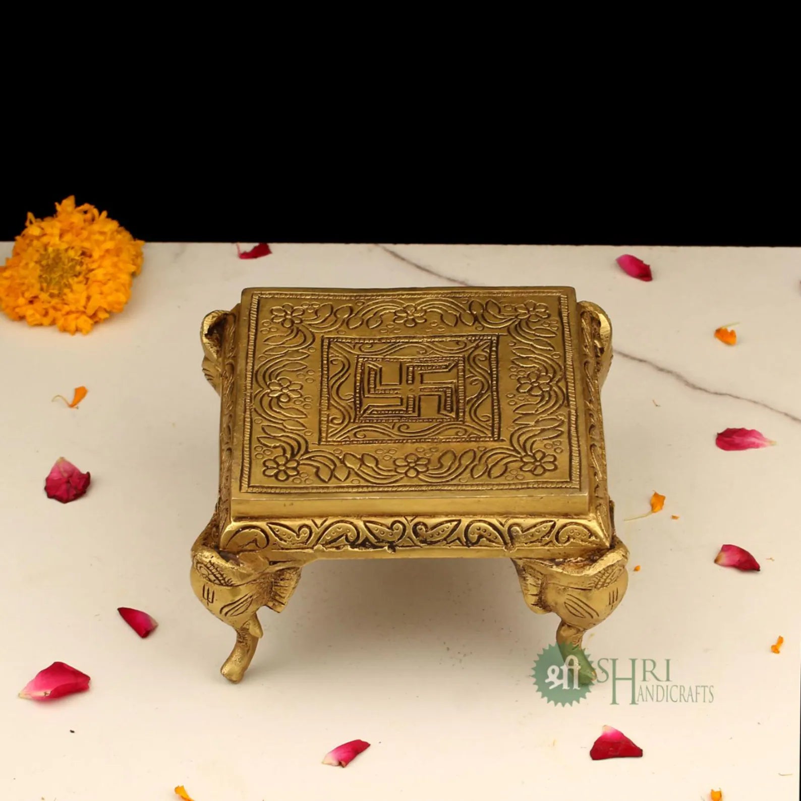 Handcrafted Traditional Brass Pooja Chowki with Swastik Design