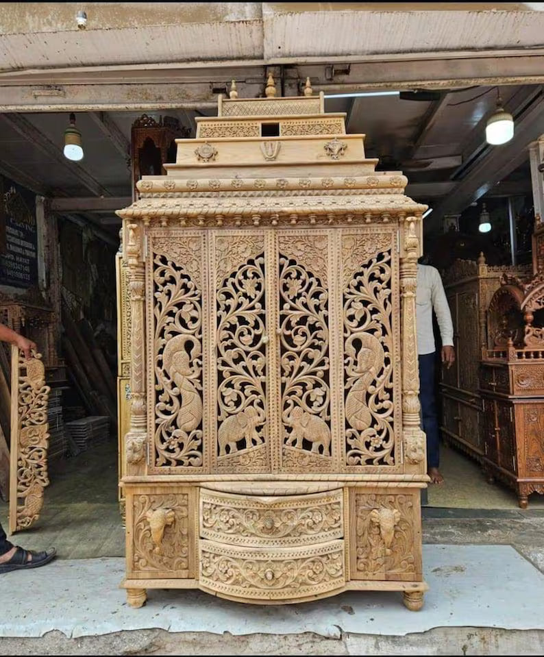 Handcarved Teakwood Temple Mandir, Customizable Home Pooja Cabinet