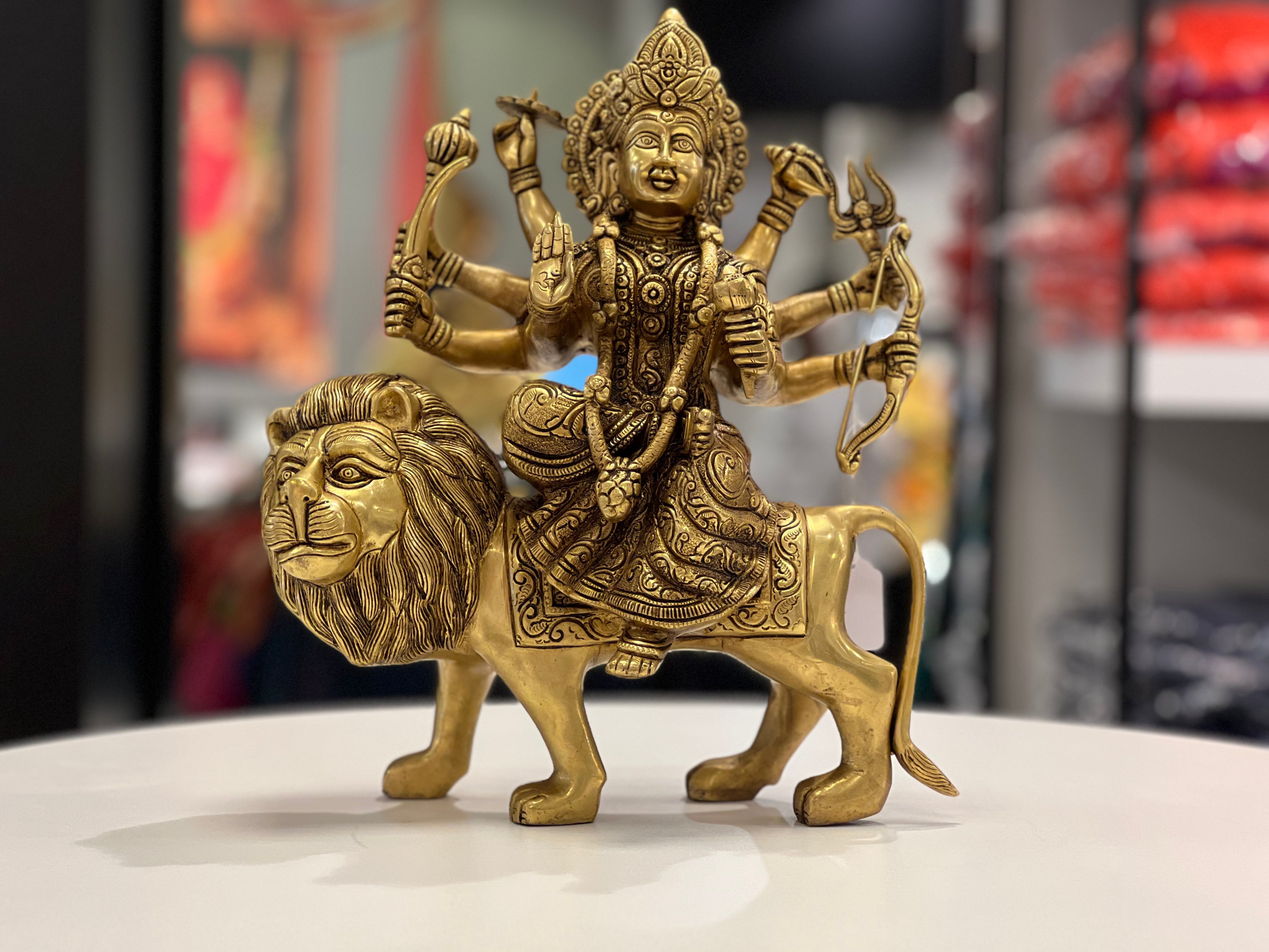 15" BRASS DURGA SITTING ON LION BRT-1 - VK